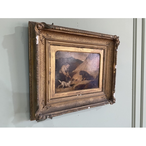 2080 - 19th C. Man with his dogs oil on board mounted in giltwood frame inscription WARDLE {47 cm H x 53 cm... 