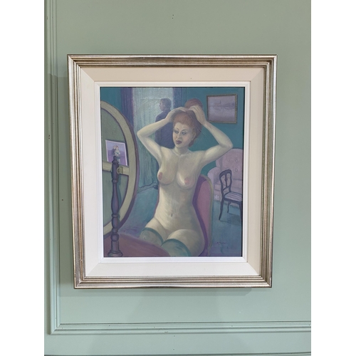 2084 - Nude oil on canvas mounted in silvered frame {79 cm H x 68 cm W}.