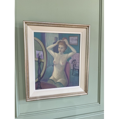 2084 - Nude oil on canvas mounted in silvered frame {79 cm H x 68 cm W}.