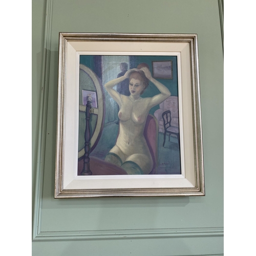 2084 - Nude oil on canvas mounted in silvered frame {79 cm H x 68 cm W}.