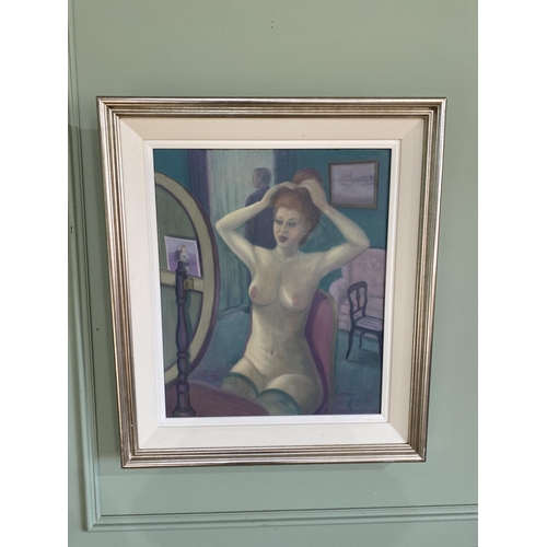 2084 - Nude oil on canvas mounted in silvered frame {79 cm H x 68 cm W}.