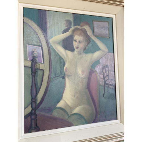 2084 - Nude oil on canvas mounted in silvered frame {79 cm H x 68 cm W}.