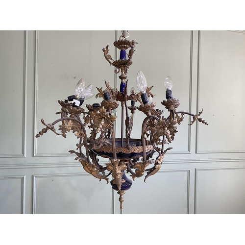 545 - 19th C. French gilded metal and ceramic chandelier {80 cm H x 61 cm Dia.}.