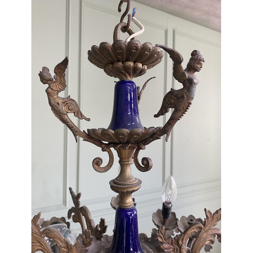 545 - 19th C. French gilded metal and ceramic chandelier {80 cm H x 61 cm Dia.}.