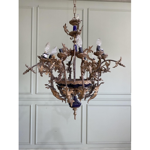 545 - 19th C. French gilded metal and ceramic chandelier {80 cm H x 61 cm Dia.}.