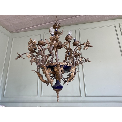 545 - 19th C. French gilded metal and ceramic chandelier {80 cm H x 61 cm Dia.}.