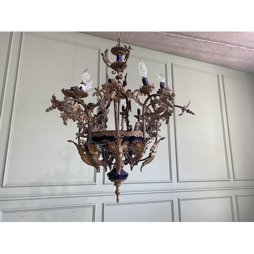 545 - 19th C. French gilded metal and ceramic chandelier {80 cm H x 61 cm Dia.}.