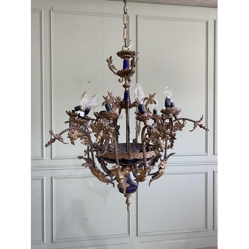 545 - 19th C. French gilded metal and ceramic chandelier {80 cm H x 61 cm Dia.}.