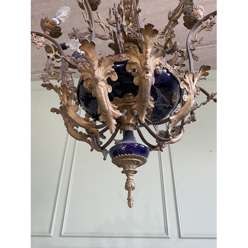 545 - 19th C. French gilded metal and ceramic chandelier {80 cm H x 61 cm Dia.}.