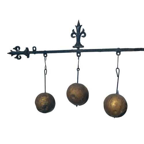 743 - Rare 19th C. Pawnbrokers hanging gilded sign mounted on original wrought iron bracket.