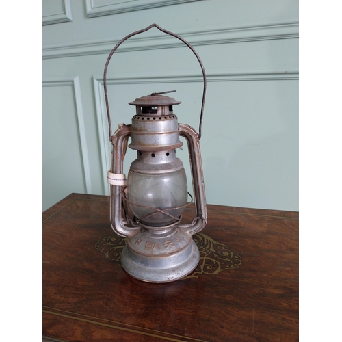 2057 - Early 20th C. tinplate hurricane lamp {38 cm H x 19 cm W x 14 cm D}.