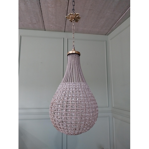 1001 - Decorative French brass and glass pear drop chandelier. {90 cm H x 33 cm Dia.}