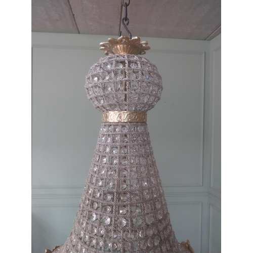 400 - Decorative French brass and glass pear drop chandelier. {90 cm H x 53 cm Dia.}