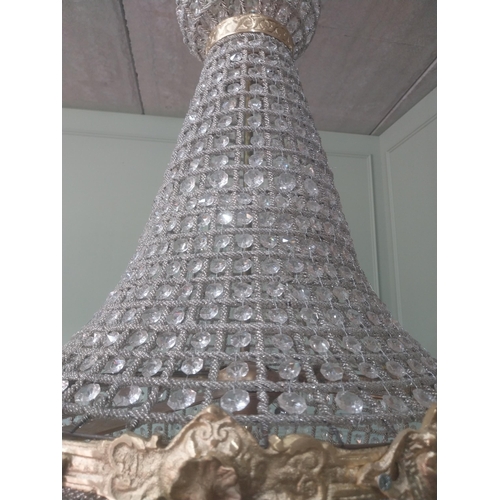 400 - Decorative French brass and glass pear drop chandelier. {90 cm H x 53 cm Dia.}