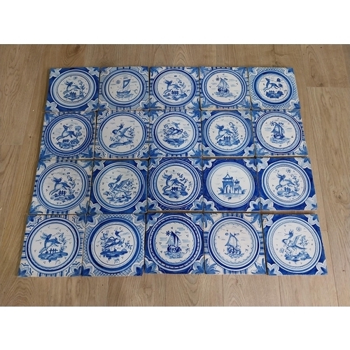 188 - Collection of twenty Dutch hand painted blue and white ceramic tiles {20 cm H x 20 cm W each}.