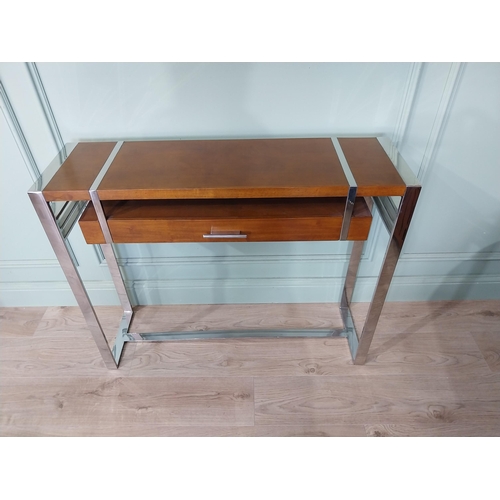 305 - Good quality designer chrome and walnut console table {80 cm H x 100 cm W x 29 cm D}.