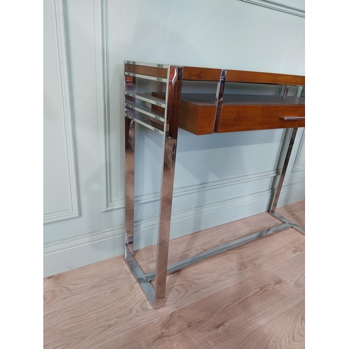 305 - Good quality designer chrome and walnut console table {80 cm H x 100 cm W x 29 cm D}.