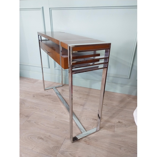 305 - Good quality designer chrome and walnut console table {80 cm H x 100 cm W x 29 cm D}.