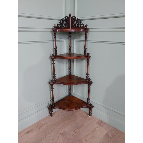 431 - 19th C. burr walnut corner whatnot on turned columns. {138 cm H x 65 cm W x 40 cm D}.