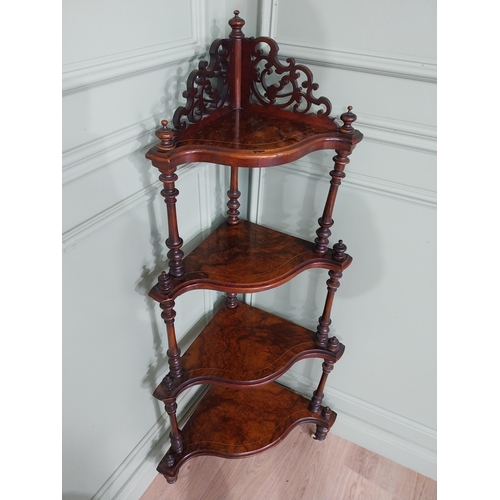 431 - 19th C. burr walnut corner whatnot on turned columns. {138 cm H x 65 cm W x 40 cm D}.