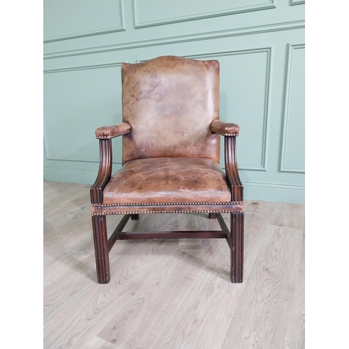 883 - Good quality mahogany leather upholstered Gainsborough style  armchair {100cm H x 62cm W x75 cm D}