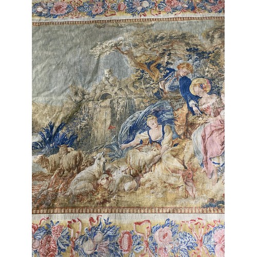 580 - Good quality decorative French tapestry depicting Woodland and lake scene with floral and fruit garl... 