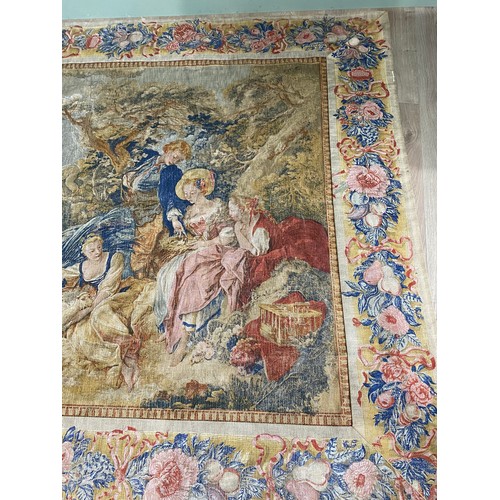 580 - Good quality decorative French tapestry depicting Woodland and lake scene with floral and fruit garl... 