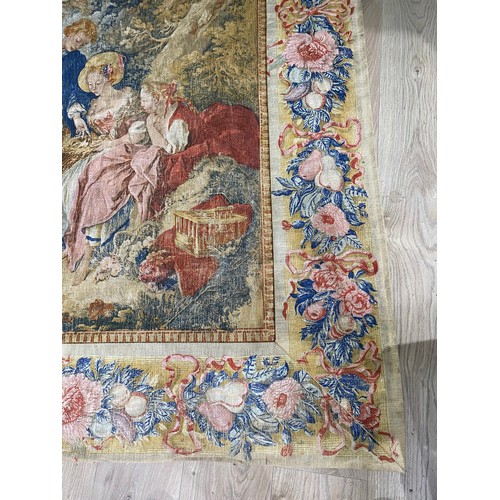 580 - Good quality decorative French tapestry depicting Woodland and lake scene with floral and fruit garl... 