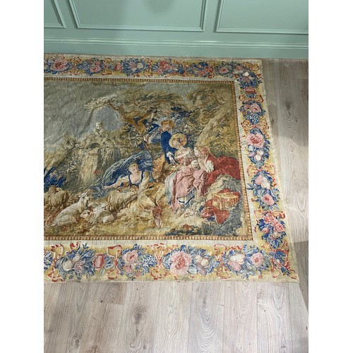 580 - Good quality decorative French tapestry depicting Woodland and lake scene with floral and fruit garl... 