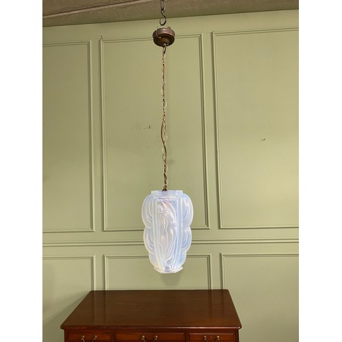 14 - Early 20th C. French vaseline glass hanging light with brass gallery in the Lalique style {Drop 84 c... 