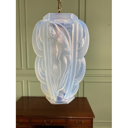 14 - Early 20th C. French vaseline glass hanging light with brass gallery in the Lalique style {Drop 84 c... 