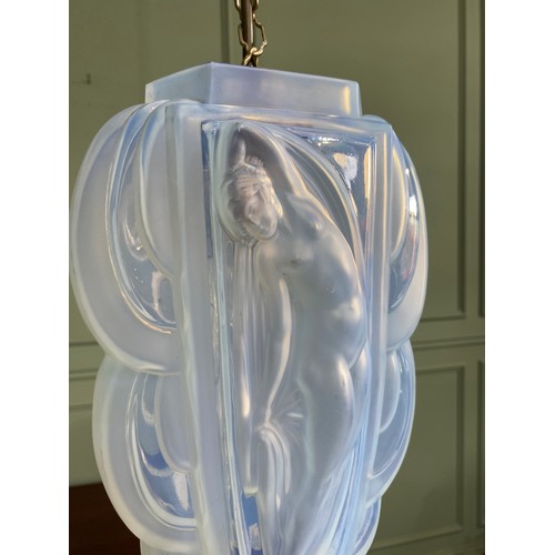 14 - Early 20th C. French vaseline glass hanging light with brass gallery in the Lalique style {Drop 84 c... 