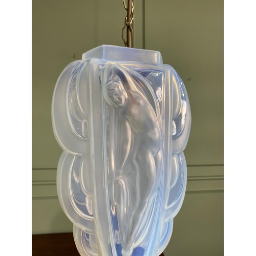 14 - Early 20th C. French vaseline glass hanging light with brass gallery in the Lalique style {Drop 84 c... 