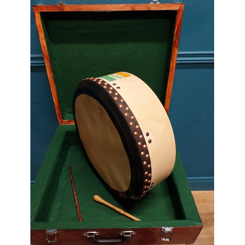 498 - Hand made Bodhran with case. {Case: 17cm H x 51cm W x 48cm D}