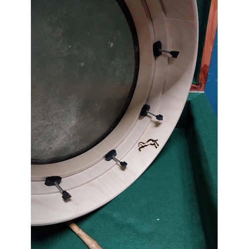 498 - Hand made Bodhran with case. {Case: 17cm H x 51cm W x 48cm D}