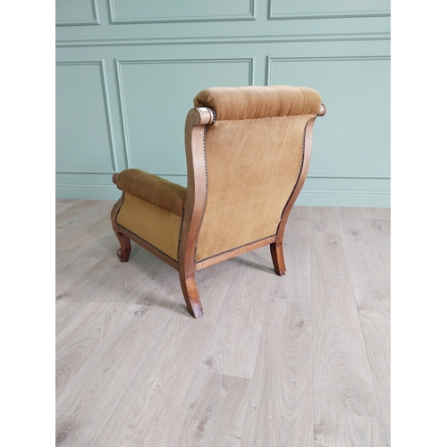 2087 - Victorian mahogany and upholstered armchair raised on cabriole legs {86 cm H x 74 cm W x 81 cm D}.