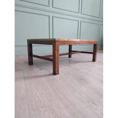 1404 - Good quality mahogany and brass inlaid coffee table with world map insert raised on square legs and ... 