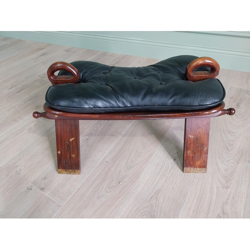 2088 - Early 20th C. rosewood and brass inlaid camel saddle stool with leather upholstered seat {41 cm H x ... 