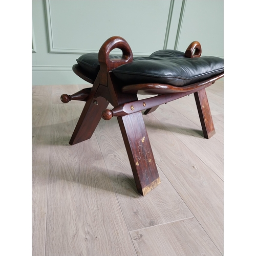 2088 - Early 20th C. rosewood and brass inlaid camel saddle stool with leather upholstered seat {41 cm H x ... 