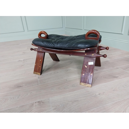 2088 - Early 20th C. rosewood and brass inlaid camel saddle stool with leather upholstered seat {41 cm H x ... 