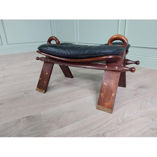 2088 - Early 20th C. rosewood and brass inlaid camel saddle stool with leather upholstered seat {41 cm H x ... 