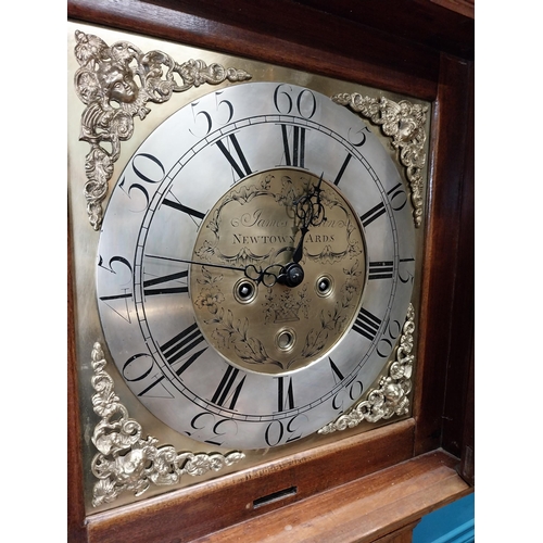 769 - Irish Georgian mahogany longcased clock with swan neck pediment and brass and silvered dial by James... 