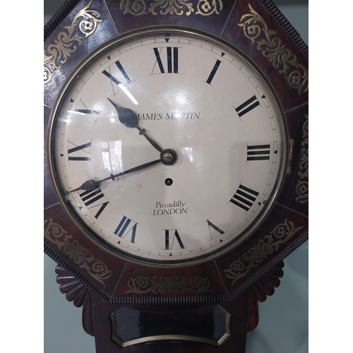 2098 - Regency rosewood brass inlaid fusee wall clock James Martin, London {64 cm H x 27 cm W x 15 cm D}.