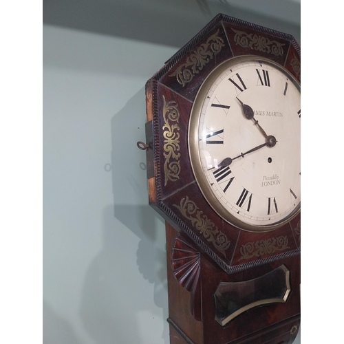 2098 - Regency rosewood brass inlaid fusee wall clock James Martin, London {64 cm H x 27 cm W x 15 cm D}.