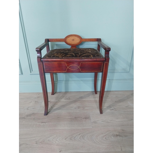 2101 - Edwardian mahogany satinwood piano stool with upholstered seat raised on tapered legs {67 cm H x 53 ... 