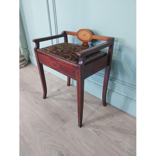 2101 - Edwardian mahogany satinwood piano stool with upholstered seat raised on tapered legs {67 cm H x 53 ... 