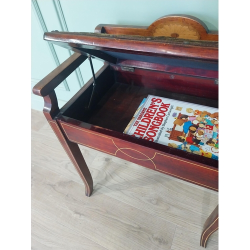 2101 - Edwardian mahogany satinwood piano stool with upholstered seat raised on tapered legs {67 cm H x 53 ... 