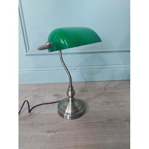 2108 - Brushed brass bankers lamp with green glass shade {42 cm H x 28 cm W x 18 cm D}.