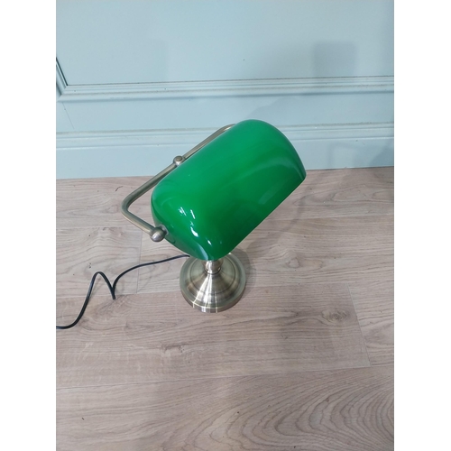 2108 - Brushed brass bankers lamp with green glass shade {42 cm H x 28 cm W x 18 cm D}.