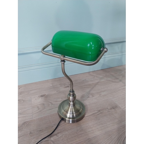 2108 - Brushed brass bankers lamp with green glass shade {42 cm H x 28 cm W x 18 cm D}.